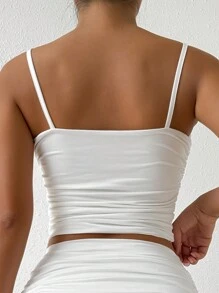 Allurite Summer Solid Color Pleated Casual Camisole Top - White - View 2