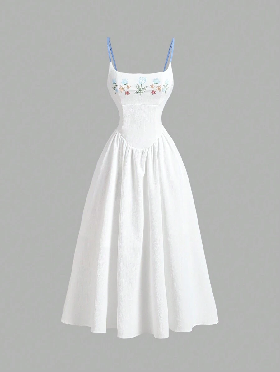 SHEIN MOD Vestido de peto blanco y rojo con bordados, vestido de estilo campestre para mujer - Azul - Ver 1