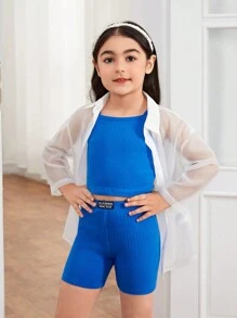 Young Girl Knitted Plain Tank Top & Knitted Shorts & Woven Loose Casual Shirt 3pcs Set - Multicolor - View 1