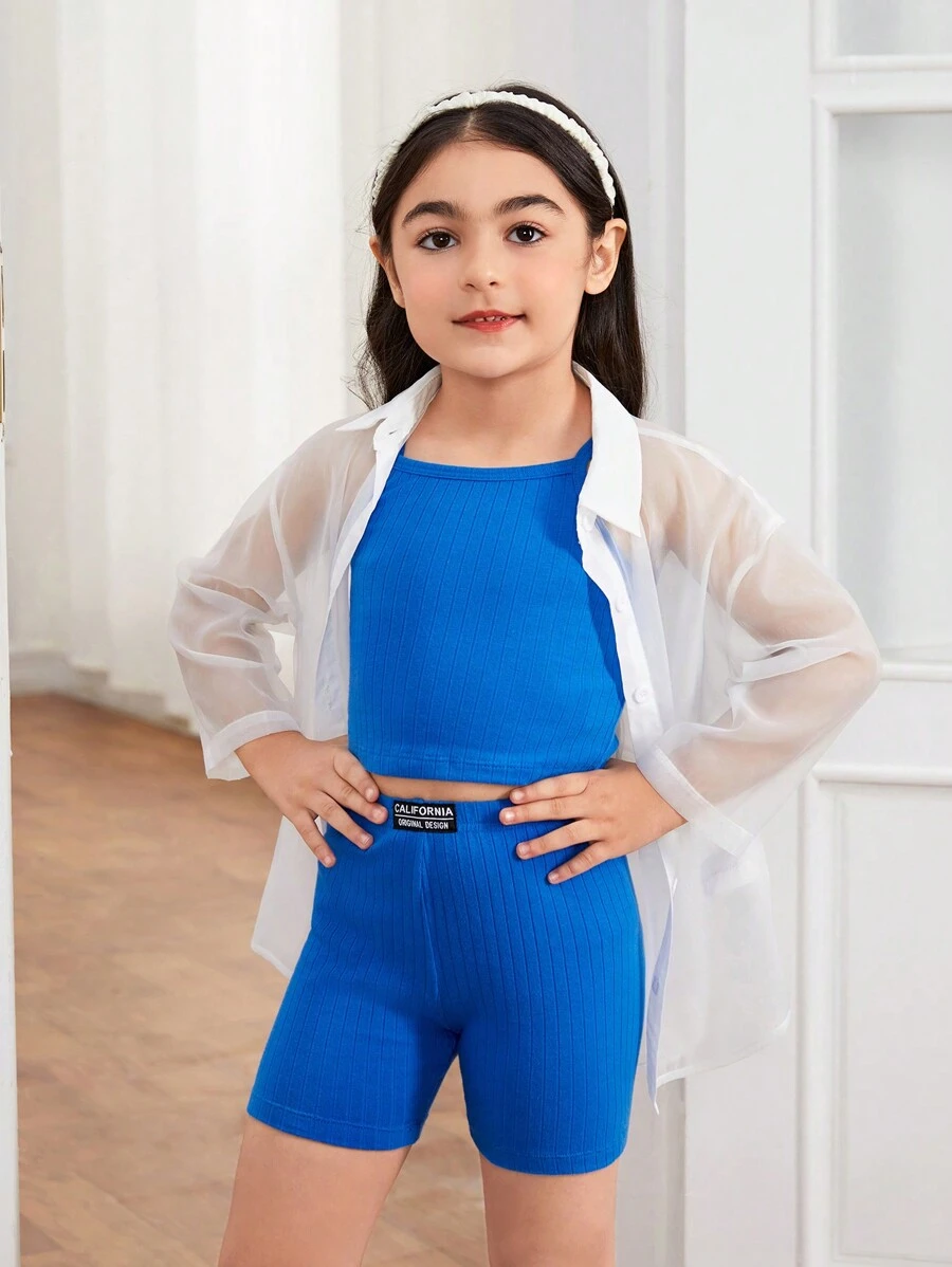 Young Girl Knitted Plain Tank Top & Knitted Shorts & Woven Loose Casual Shirt 3pcs Set - Multicolor - View 1