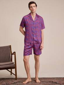 EverLounge طقم بيجامة من ملابس علوية أكمام قصيرة وشورت بطباعة كاملة للرجال - متعدد الألوان - مشاهدة 5