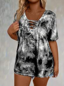 Plus Tie Dye Lace Up Front Tee Women Graphic Tee Top For Summer - Multicolor - View 5
