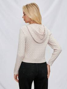 SHEIN Essnce Women's Casual Beige Cable Knit Zip-Up Hooded Short Cardigan For Autumn - Apricot - View 2