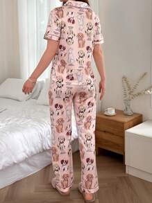 SHEIN 卡通图案撞色滚边缎面上衣和裤子睡衣套装 - 彩色 - 查看 2