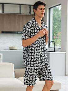 Men Allover Print Top & Shorts PJ Set / Pajama Set - Black and White - View 1