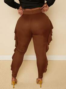 Slaydiva Quần dài vải dệt kim dáng rộng cỡ lớn thanh lịch & dự tiệc màu trơn ôm vừa vặn xẻ tà bên hông viền xếp nếp dành cho nữ - màu nâu - Xem 2