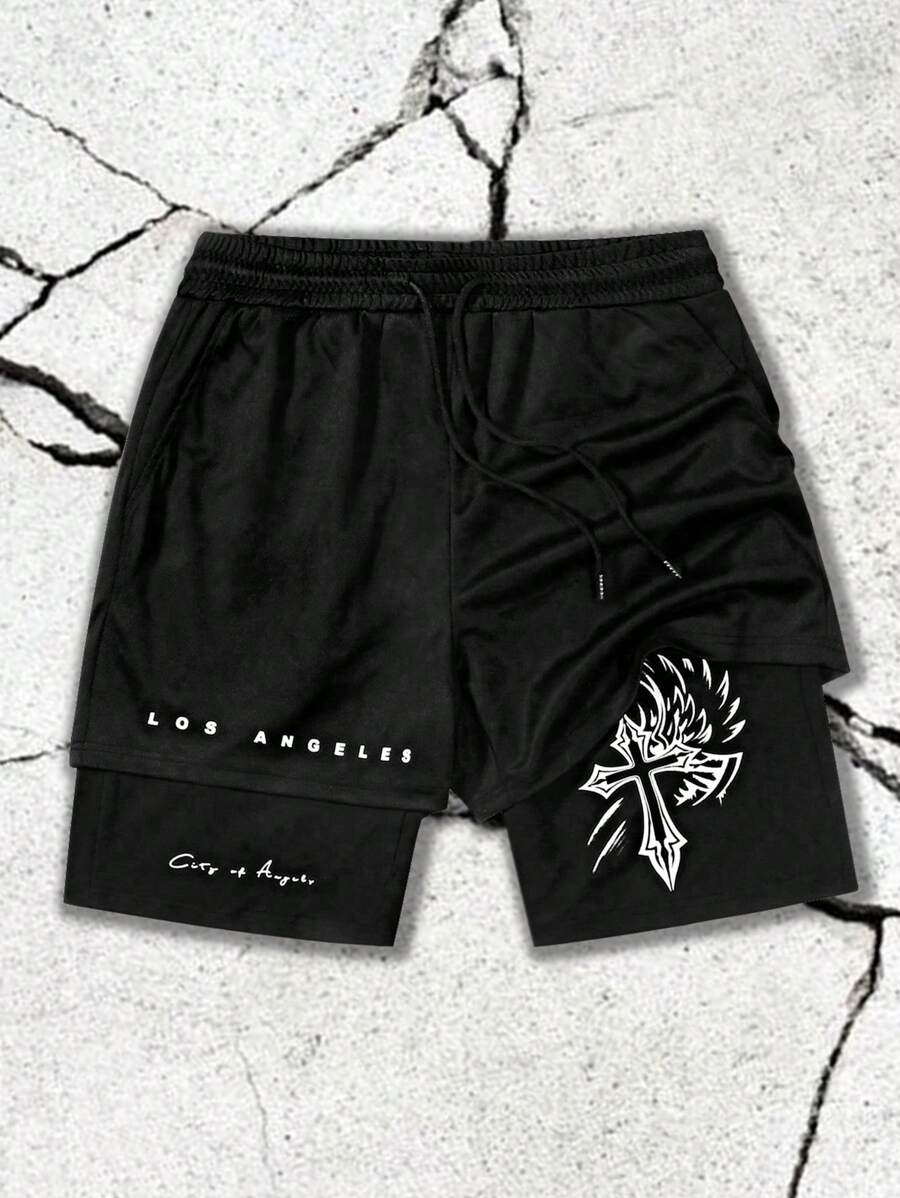 Manfinity EMRG 男士简约印花双层短裤，图案网眼短裤，适合丈夫、男朋友的礼物，emo，2000 年代风格 - 黑色 - 查看 1
