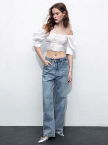 Maija Camisa blanca de abotonar con mangas abullonadas, hombros descubiertos, puños anchos y fruncido voluminoso - Blanco - Ver 1