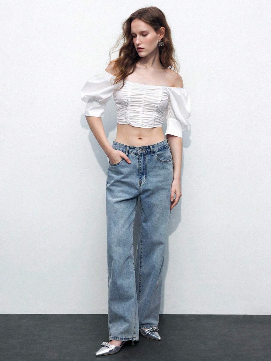 Maija Camisa blanca de abotonar con mangas abullonadas, hombros descubiertos, puños anchos y fruncido voluminoso - Blanco - Ver 1