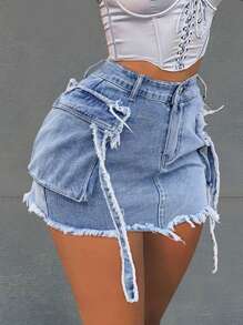 Chân váy denim ngắn kiểu cargo, chi tiết dây buộc túi kiểu Y2K, gấu váy cắt thô, phong cách thường ngày mùa hè. - Màu xanh lam - Xem 3