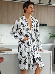 Men Floral Print Belted Sleep Robe - Black and White - View 9