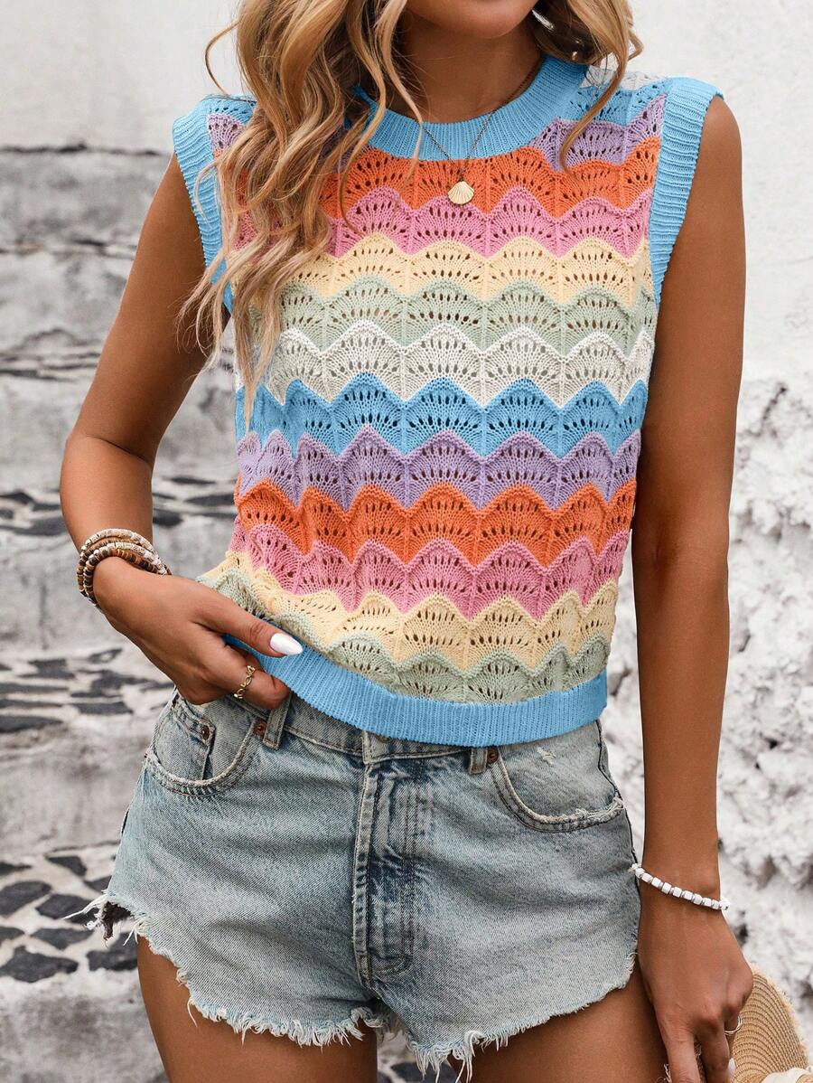 SHEIN LUNE 拼色空心針織毛衣背心 - 淺藍色 - 查看 1