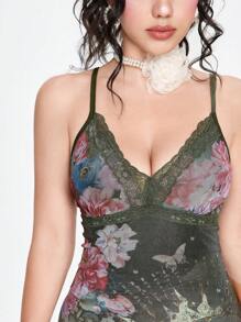 ROMWE Fairycore Vintage Palace Painting Rose Printed Women's Cami Dress - Green - View 2