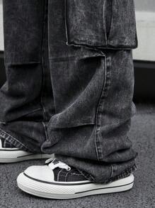 PAVTROS Manfinity Streetrush 男士休闲翻盖口袋侧边黑色工装牛仔裤（无腰带）纯色长款宽松工装牛仔裤，深灰色酸洗工装牛仔裤，送给丈夫、男朋友的礼物，男士宽松牛仔裤款式，男士灰色宽松牛仔裤，男士宽松牛仔裤，适合外出大学街头休闲运动，摇滚风 - 黑色 - 查看 7