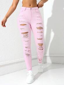 SHEIN Essnce Jeans ajustados rasgados sólidos con bolsillo - Rosa Pálido - Ver 5