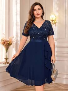 Plus Elegant V-Neck Sequin Lace Contrast Chiffon Ruffle Trim Cocktail Party Swing Dress - Navy Blue - View 6