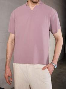 Manfinity Homme Men's Summer Solid Color Notched V-Neck Short Sleeve Casual Loose Shirt