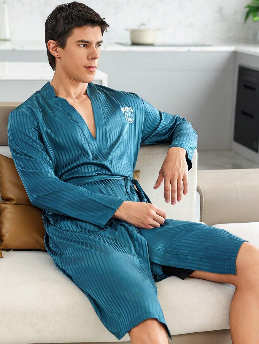 Men Letter Embroidery Belted Robe - Green - View 1