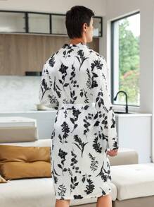 Men Floral Print Belted Sleep Robe - Black and White - View 2