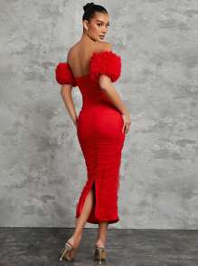 L'Amorae Vestido ajustado de un hombro de unicolor con mangas exageradas y abertura en la espalda, estilo elegante