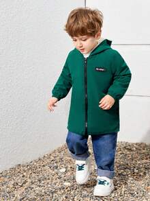 SHEIN 男童連帽毛絨襯裡拼色拉鍊寬鬆中長外套 - 綠色 - 查看 6