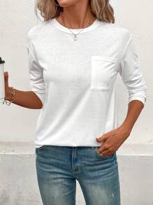 SHEIN LUNE Solid Pocket Patched Drop Shoulder Tee Fall Cloth For Women - White - View 6