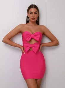 女士抹胸鸡尾酒迷你连衣裙，无袖蝴蝶结装饰性感派对礼服 - 西瓜粉 - 查看 5