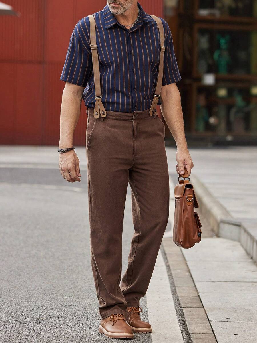 Manfinity Homme Men's Casual Mocha Brown Woven Fabric Co-Ords Set: Sleeveless Shirt Collar Shirt And Long Pocket Detail Pants - Mocha Brown - View 1