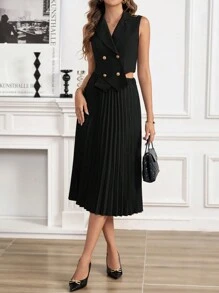 SHEIN Clasi 雙排釦背心外套和褶皺裙 - 黑色 - 查看 5