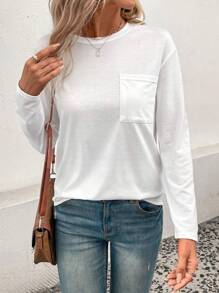 SHEIN LUNE Solid Pocket Patched Drop Shoulder Tee Fall Cloth For Women - White - View 7