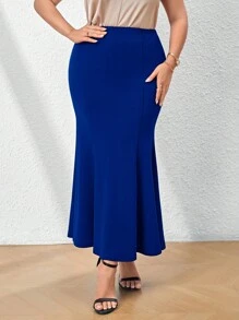 SHEIN Privé 加大尺碼女裝浪漫魚尾黑色裙子，長款，修身版型，適合簡潔工作服、派對和晚餐約會 - 寶藍色 - 查看 9
