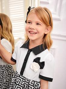 Summer Fashion Color Block Printed Patchwork Dress With 3D Flower Decoration For Young Girls - Black and White - View 5