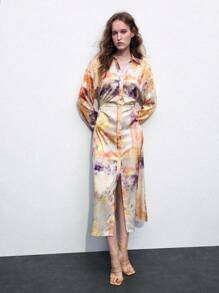 Maija 教师秋季花卉水彩印花收腰长袖衬衫裙女士 - 黃色 - 查看 5