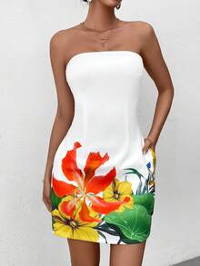 PARTHEA Backless Floral Print Bodycon Tube Dress - White - View 3