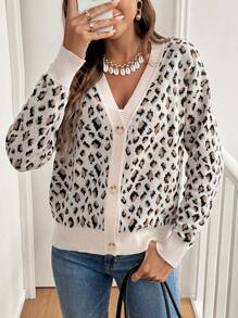SHEIN Frenchy Allover Pattern Drop Shoulder Leopard Print Cardigan,Fall Women Clothes,Fall Sweaters Winter Cheetah Casual - Beige - View 4
