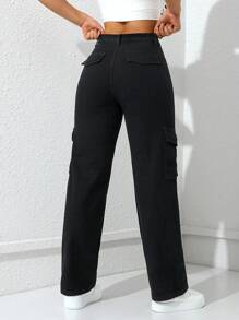 SHEIN EZwear Solid Flap Pocket Side Straight Leg Black Cargo Jeans - Black - View 3