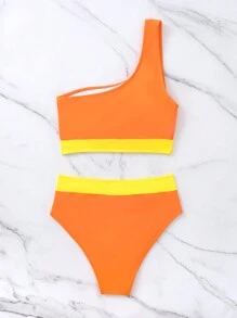SHEIN Swim Women's Summer Beach Orange Yellow Color-Blocked One-Shoulder Casual Bikini Set - Orange - View 5
