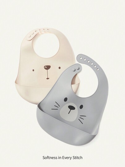 Cozy Pixies 2pcs Baby Waterproof Silicone Bibs With Cartoon Animal Design, Suitable For Feeding