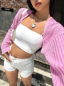 Muchica 條紋針織落肩袖短款開衫不附吊帶上衣 - 粉色 - 查看 1