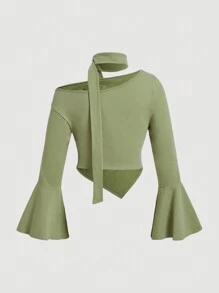 SHEIN MOD Green Asymmetrical Asymmetrical Neck Pleated Neckline Flared Sleeve Plus Size Women's Long Sleeve T-Shirt - Green - View 2