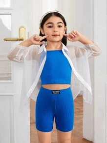 Young Girl Knitted Plain Tank Top & Knitted Shorts & Woven Loose Casual Shirt 3pcs Set - Multicolor - View 6
