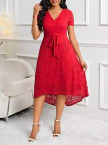 SHEIN Lady Vestido de encaje rojo para mujer, perfecto para festivales, conciertos country y fiestas - Rojo - Ver 4