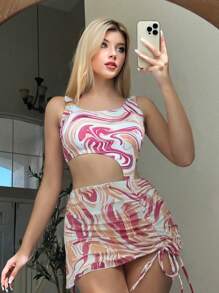 SHEIN Swim Traje de baño de una pieza con efecto tie-dye y aberturas para mujer, ideal para vacaciones en la playa en verano