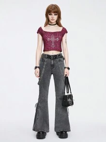 ROMWE Grunge Punk Punk Metal Rivet Jarretel Jeans Met Kruisversiering, Leuke Strik, Schedelborduurwerk En Bell-Bottom Design Voor Vrouwen, School