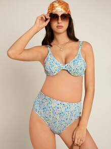 SHEIN 孕妇碎花褶皱比基尼套装夏季海滩 - 彩色 - 查看 4