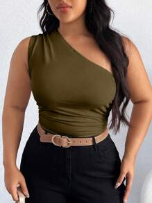 Calvaya Plus One Shoulder Ruched Bodysuit For Summer - Army Green - View 3