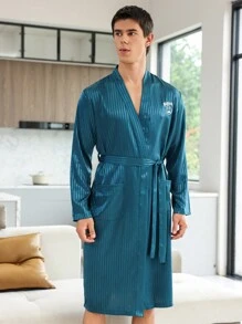 Men Letter Embroidery Belted Robe - Green - View 10