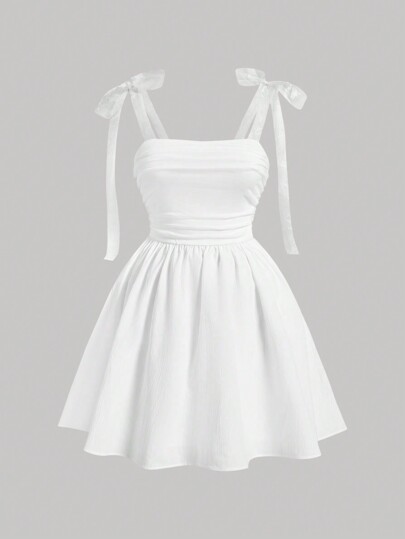 SHEIN MOD White Mesh Ribbon Strap Ruffle Romantic Summer Plus-Size Women's Dress,Graduation Dress,Birthday Dresses For Women