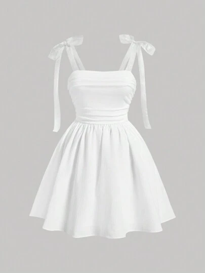 SHEIN MOD 白色網紗緞帶荷葉邊浪漫夏季大尺碼女裝連衣裙