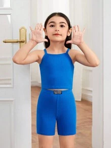 Young Girl Knitted Plain Tank Top & Knitted Shorts & Woven Loose Casual Shirt 3pcs Set - Multicolor - View 5